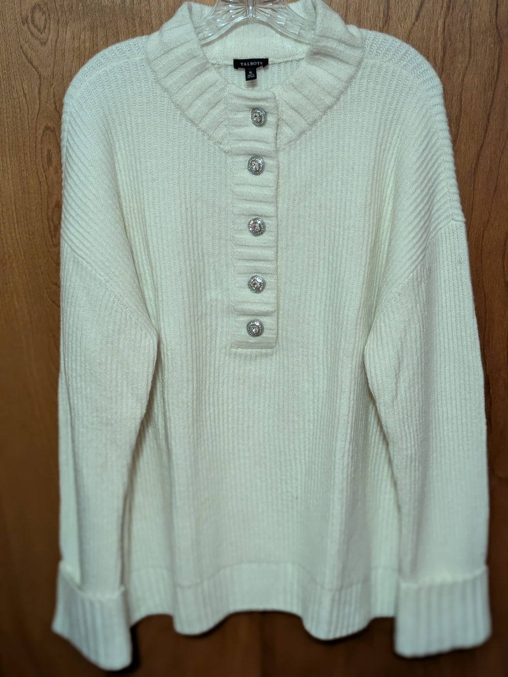 Talbots Cream Ribbed Neck Sweater with Decorative Buttons
